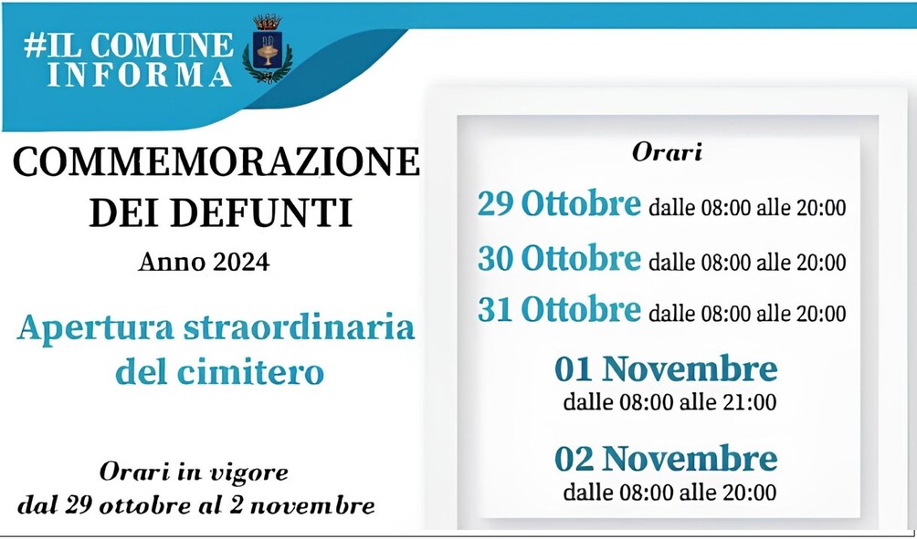 Orari di apertura del Cimitero Comunale in occcasione della commemorazione dei defunti anno 2024