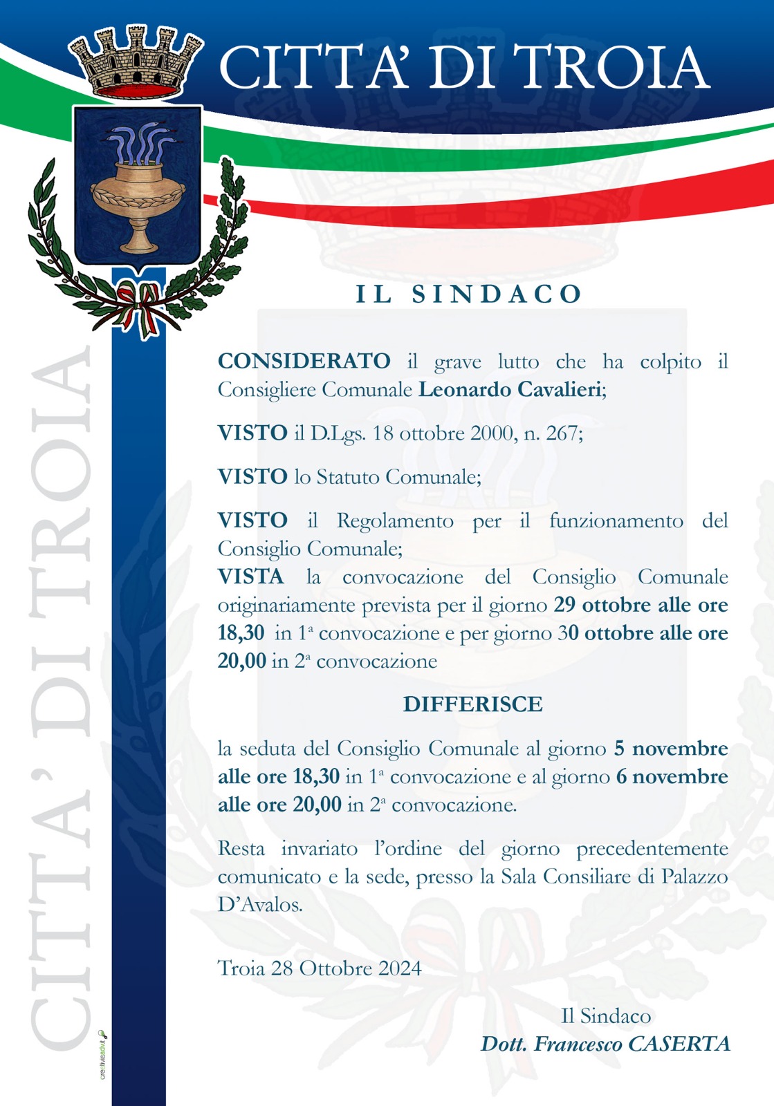 Rinvio Convocazione del Consiglio Comunale